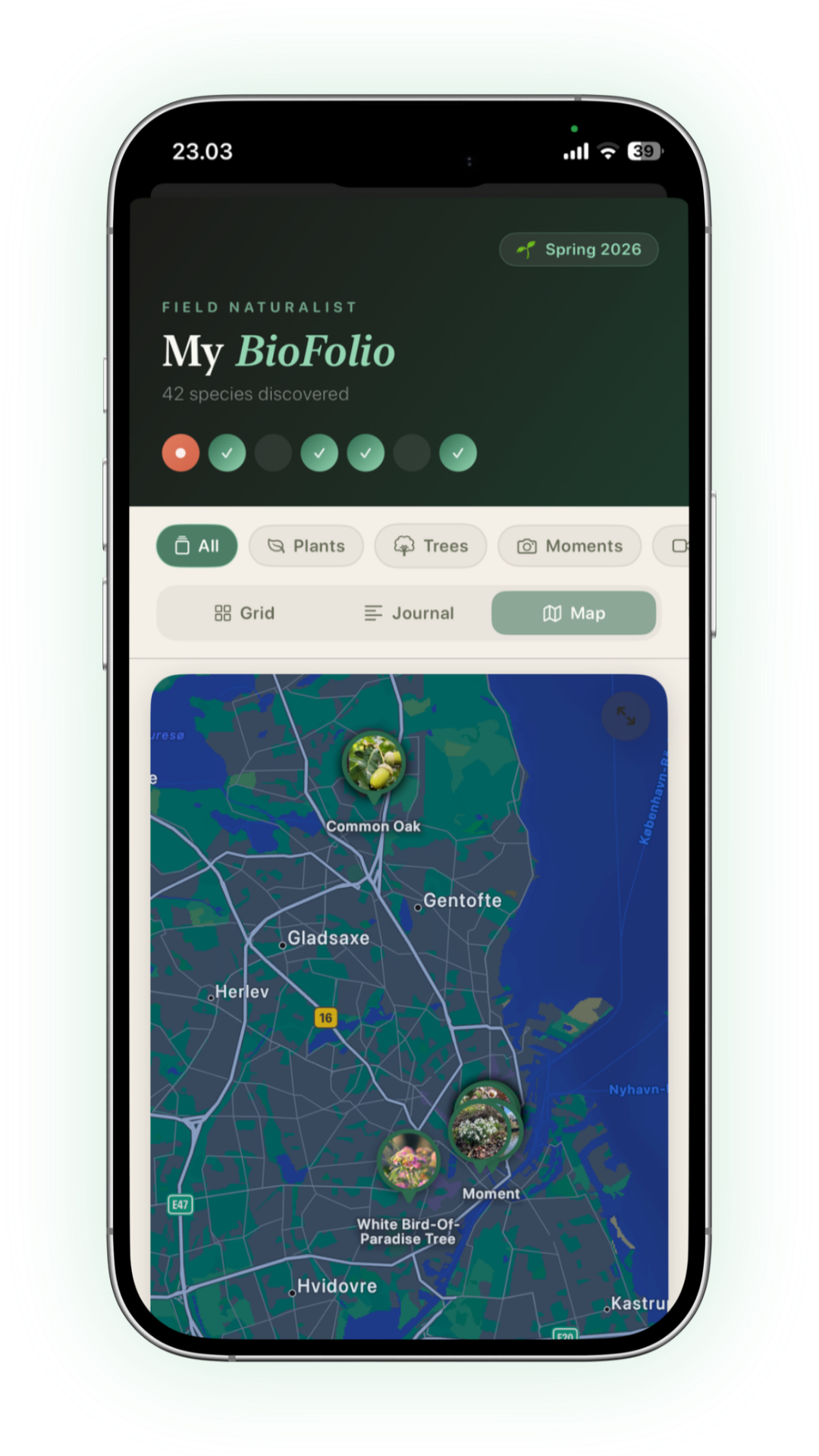 Map view — discoveries pinned across Copenhagen